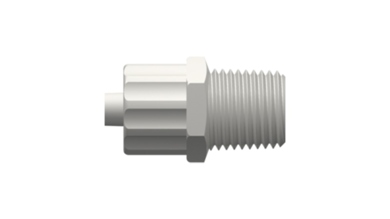 Luer-han med integreret låsering, 9-16 hex til 1-4-18 NPT-gevind