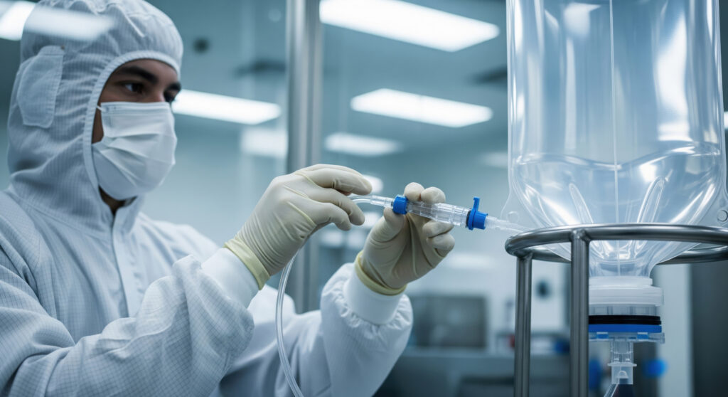Medarbetare i renrum som hanterar slangar och bioprocesspåse i ett single-use-system där extractables och leachables är viktiga vid materialval.